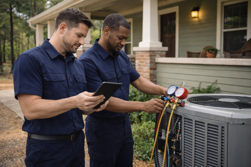 HVAC technicians servicing an AC unit