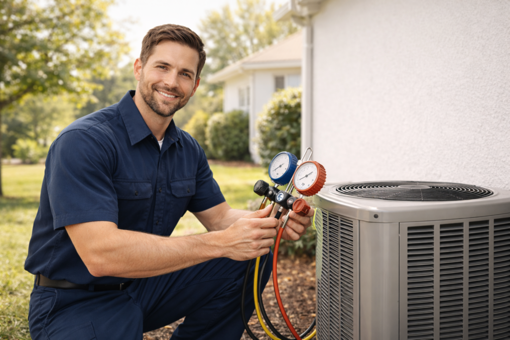 Technician servicing air conditioner outdoors